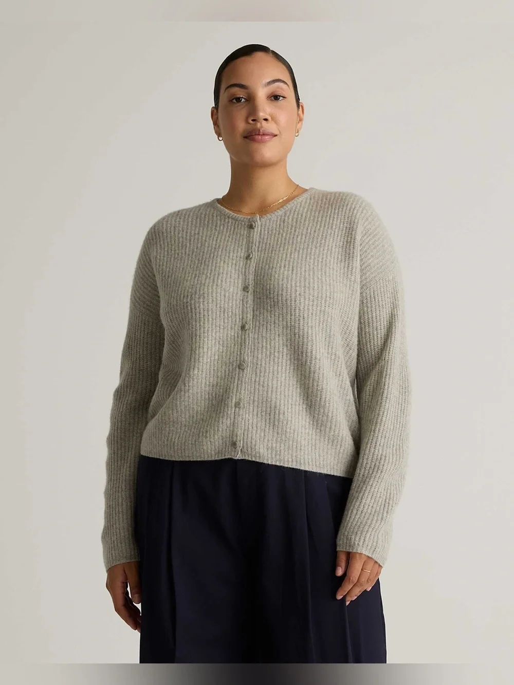 Quince 100% Yak Soft Rib Crew Cardigan in Warm Heather Grey size Small
